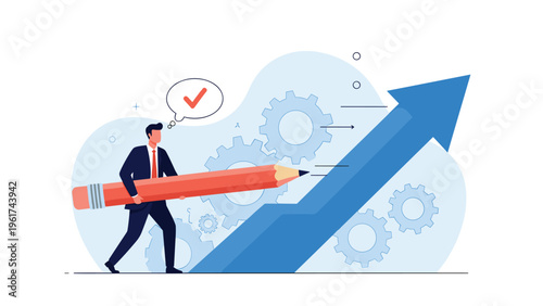 Ambitious businessman carrying a giant pencil to draw a rising growth arrow symbolizing corporate success, progress, and future development.