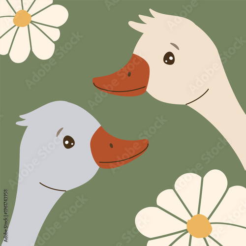 Close up flat vector illustration of white and grey goose heads looking at each other with chamomile flowers. Sweet bird characters for spring decor, kids nursery, and nature-themed design. Isolated