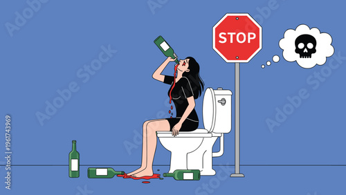 Alcohol addiction concept showing a woman drinking heavily in a bathroom with warning signs representing danger, bad habits, and death.