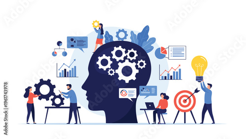 Group of professional experts working around a giant brain filled with gears to generate innovative business ideas and strategic solutions.