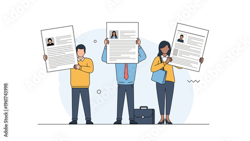 Candidates holding large resume documents in front of their faces to represent professional job searching and recruitment in a company.
