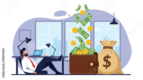 Successful businessman relaxing in his office while cash money and profit automatically flow into a giant leather wallet and money bag.