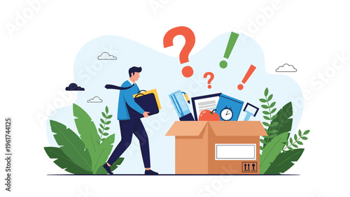 Businessman leaving his job and carrying personal belongings in a box while feeling uncertain about his future career path and decisions.