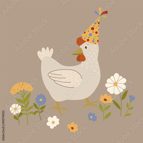 Adorable white hen character wearing a spotted party hat, walking among colorful spring flowers. Flat vector illustration for kids birthday greeting card and nursery decor. Isolated on brown