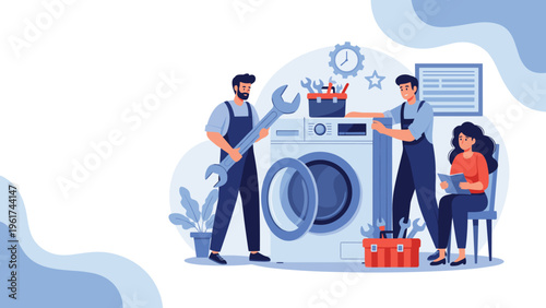 Team of professional technicians in blue overalls repairing a washing machine for a concerned female customer at home with their tools.