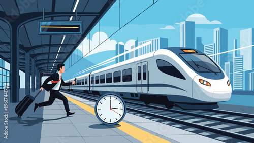Hurrying businessman running with a suitcase to catch a fast modern train at a station platform near a large clock and city skyline.