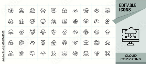 Set of Cloud Computing line icon. Related to hosting, storage, network, technology, compute, data, server and more. Sign and Symbol. Computer linear icon set. Pixel perfect. Editable vector.
