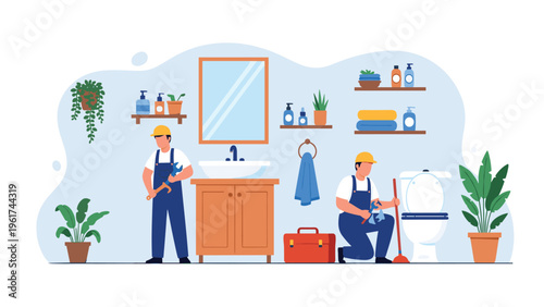 Professional plumbers in blue overalls working to repair a sink and toilet in a modern bathroom using various specialized hand tools.