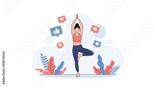 Young woman practicing tree yoga pose surrounded by social media notification icons like hearts and thumbs up for wellness content.