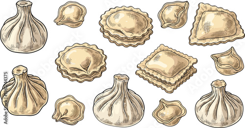 Italian pasta collection with ravioli tortellini dumplings hand drawn vintage engraving style food illustration set