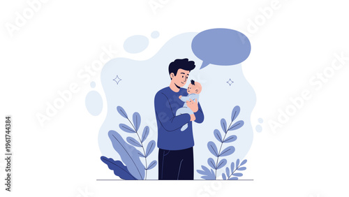 Loving father holds his newborn baby tenderly while a large empty speech bubble suggests a heartfelt message or thoughts about parenting.