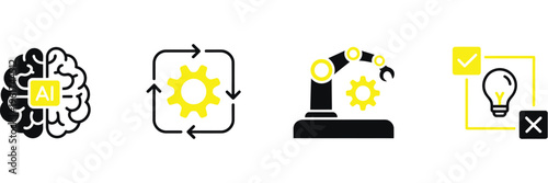 AI automation icon set, artificial intelligence, machine learning, workflow automation, technology, solid style icon collection, digital transformation and smart systems concept.
