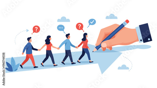 Giant hand uses a pencil to draw a large path for a diverse group of people to walk towards a common goal or shared future direction.