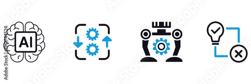 AI automation icon set, artificial intelligence, machine learning, workflow automation, technology, solid style icon collection, digital transformation and smart systems concept.