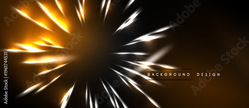 Abstract explosion, bright lines radiating from center. Dark background creates dramatic visual effect. Gold, white hues dominate composition.