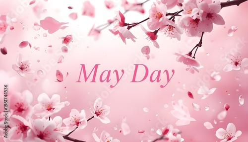 A beautiful pink background with cherry blossoms and petals for May Day