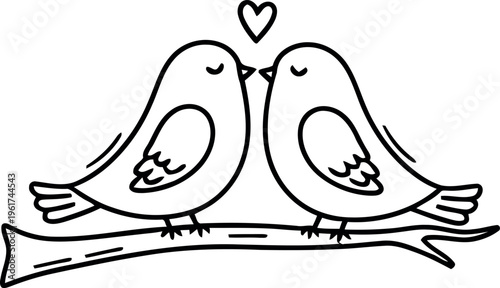 Two birds sitting on a branch with a heart above them symbolizing love and affection between the pair