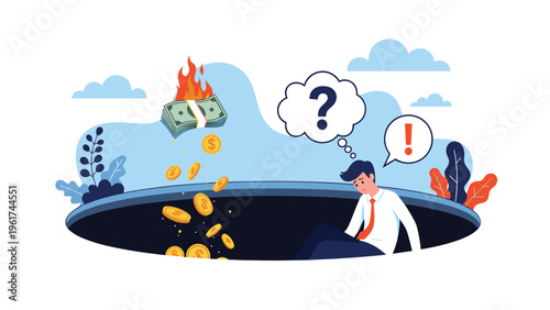 Stressed businessman sits at the bottom of a deep financial pit while money falls in and burns, symbolizing debt and economic crisis struggles.