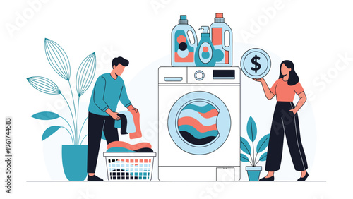 Couple manages household chores by using a modern washing machine while considering the high cost of energy and expensive utility bills.