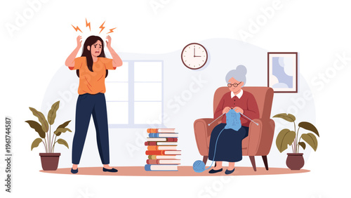 Stressed young woman expresses frustration and headache while an elderly woman remains calm and continues knitting in a living room setting.