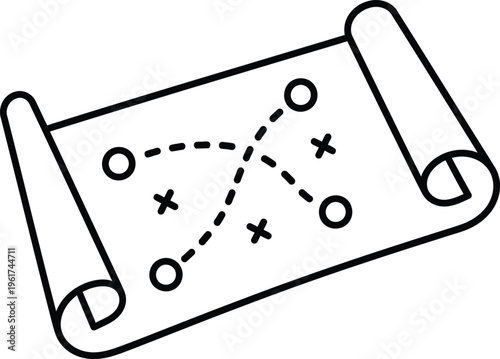 A black and white illustration of a scroll with a tic tac toe game board drawn on it in a simple line style