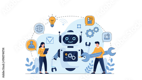 Engineering team collaborates to build and maintain a large intelligent robot while surrounded by icons of modern technology and ideas.