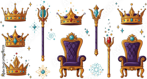 Collection of royal throne and crown vector illustrations featuring ornate chairs scepters and luxury king queen symbols