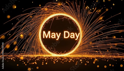A vibrant May Day celebration with sparkling fireworks and a glowing circle