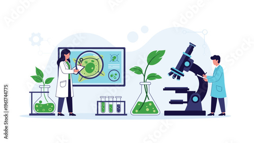 Biologists conduct research in a modern laboratory using a microscope and digital screens to study plant cells and genetic structures.