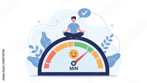 Calm man practices meditation on top of a performance meter showing minimum stress levels to maintain mental health and inner peace.