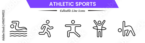 Athletic Sports Icons vector illustration with thin line contains a medal, football, basketball, cycling, athlete, racket, table tennis, sparing, cardio, gym, weight training, golf, volleyball