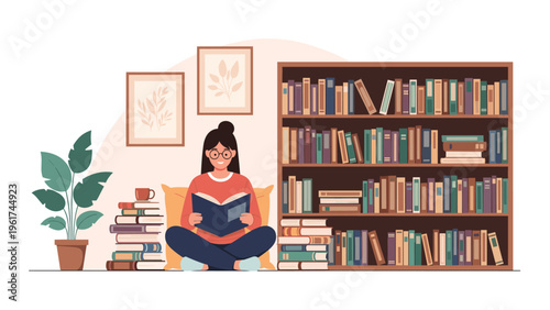Knowledgeable woman sits on the floor of a cozy library and reads a book while surrounded by stacks of books and tall bookshelves.