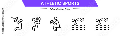 Athletic Sports Icons vector illustration with thin line contains a medal, football, basketball, cycling, athlete, racket, table tennis, sparing, cardio, gym, weight training, golf, volleyball