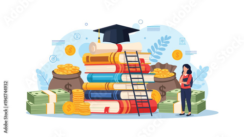 Student considers the high cost of higher education by looking at a tall stack of books topped with a graduation cap and money bags.
