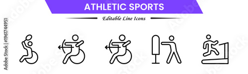 Athletic Sports Icons vector illustration with thin line contains a medal, football, basketball, cycling, athlete, racket, table tennis, sparing, cardio, gym, weight training, golf, volleyball
