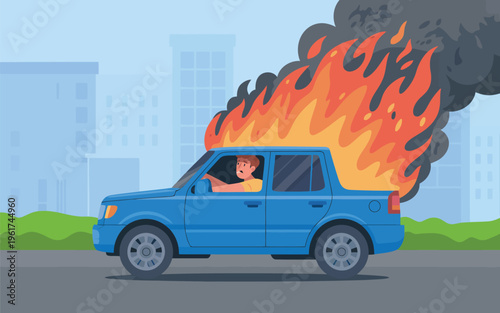 A blue sedan car is engulfed in flames and dark smoke while a scared driver looks shocked