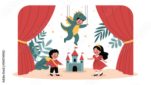 Talented children perform a fairy tale play on stage with costumes of a dragon, a prince, and a princess in a theater setting.