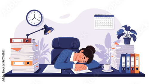 Overworked office employee falls asleep on her desk amidst piles of documents and folders, representing burnout and long work hours.