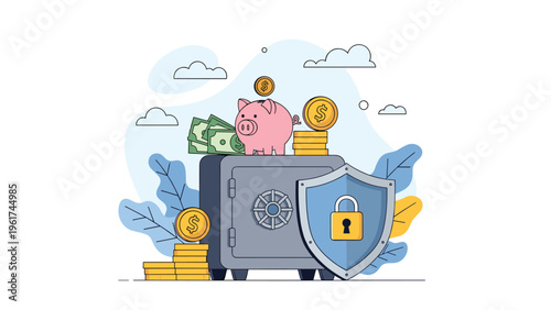 Financial security concept features a piggy bank sitting on a metal safe protected by a blue shield with a golden lock and coins.