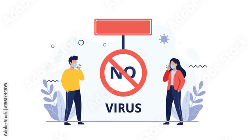 Warning sign indicates a no virus zone while a man and a woman wearing face masks cough, highlighting public health and safety measures.