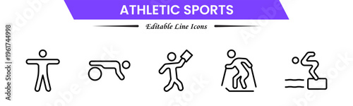 Athletic Sports Icons vector illustration with thin line contains a medal, football, basketball, cycling, athlete, racket, table tennis, sparing, cardio, gym, weight training, golf, volleyball