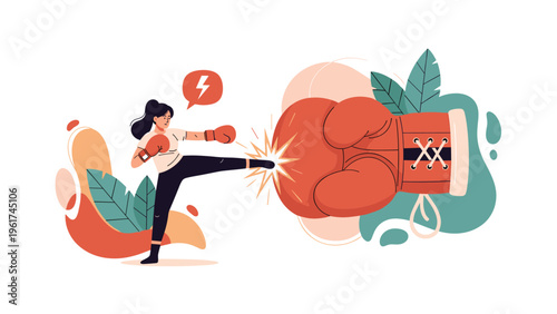 Strong woman demonstrates her power and determination by performing a high kick against a massive red boxing glove in an abstract setting.