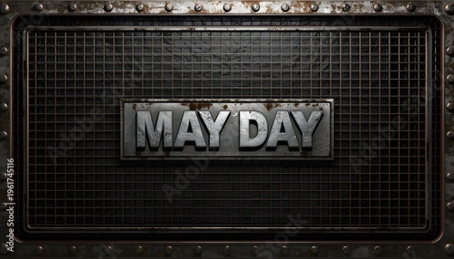 A distressed metal sign with the words May Day on a dark industrial background