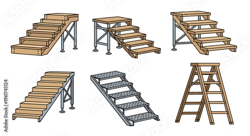 Variety of wooden and metal ladders.