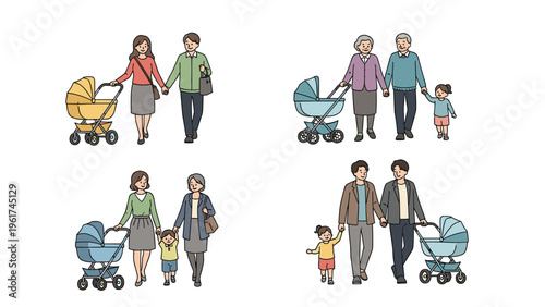 Families with diverse backgrounds enjoy walking together in an outdoor setting including parents with strollers and elderly grandparents.