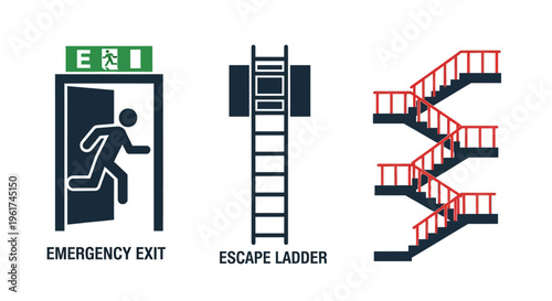 Emergency exit signs and stairways.