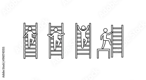 People climbing up and down ladders.