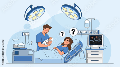 Happy father holds his newborn baby while the mother rests in a hospital bed in a modern delivery room with medical monitoring equipment.