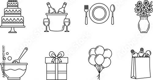 Black and white party celebration line icon set featuring cake, champagne, dinner plate, flowers, cooking bowl, gift box, balloons, and shopping.