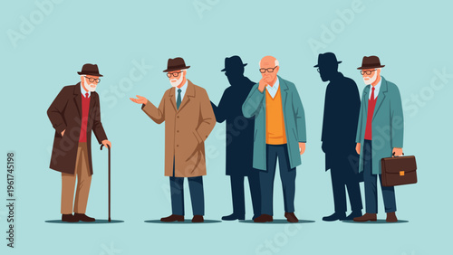 Group of elderly men in coats and hats engage in conversation while their dark shadows cast a sense of memory and passing time behind them.